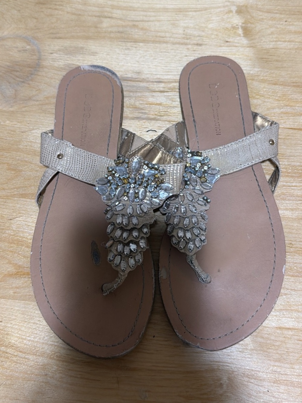 BCBGeneration Beige Gold Jeweled Thong Sandals